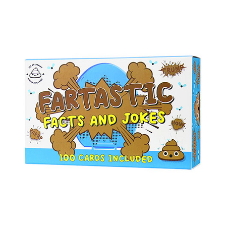 Box of 'Fartastic Facts and Jokes' with cartoon poop graphics on a white background