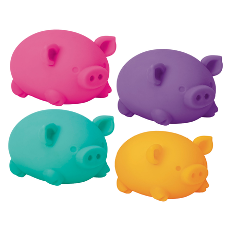 A set of four pig-shaped squishy toys in pink, purple, teal, and yellow colors.