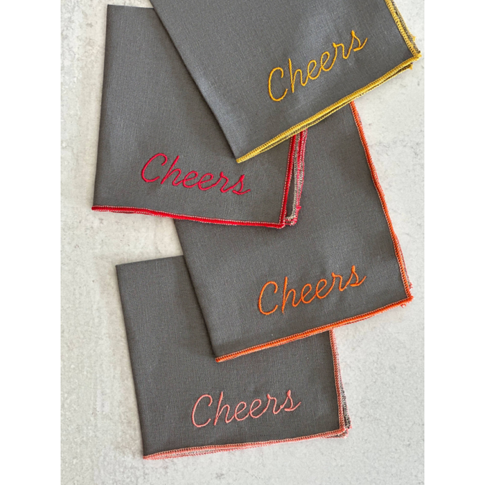 Cheers Embroidered Cocktail Napkins on Grey