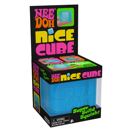 Packaging of the Nee Doh Nice Cube fidget toy, displaying the product in a blue color within a clear plastic box, with vibrant packaging around it.