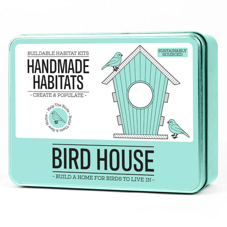 Bird house packaging with illustrations of birds and a birdhouse on a white background