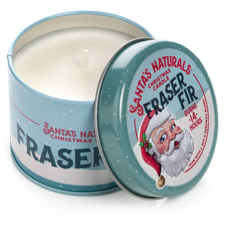 Candle in a tin with Santa Claus design on the lid, labeled 'Fraser Fir'.