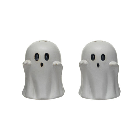 Embossed Stoneware Ghost Shaped Salt & Pepper Shakers, Set of 2