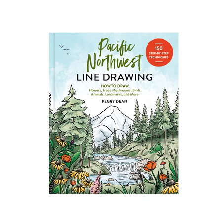 Book cover of 'Pacific Northwest Line Drawing' by Peggy Dean with a forest and river illustration on a white background.
