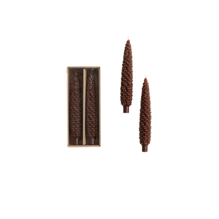 Unscented Pinecone Shaped Taper Candles in Box, Brown, Set of 2