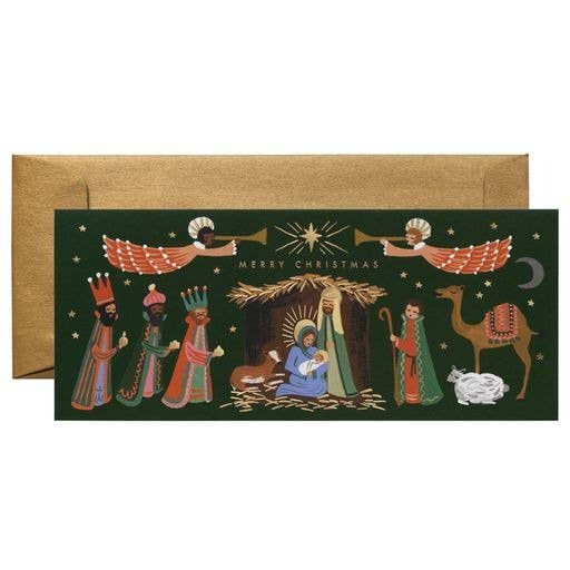 Christmas card with nativity scene and gold envelope