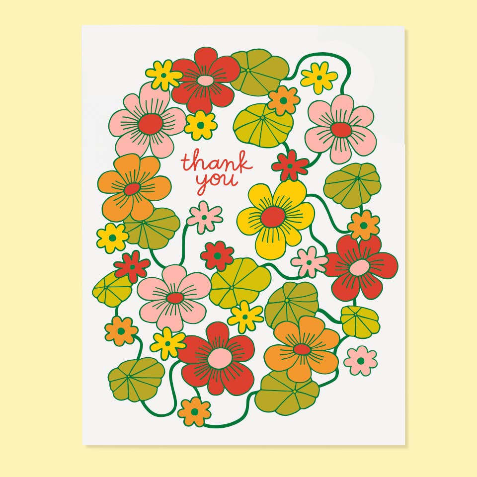 Floral wreath card with 'thank you' text on a yellow background
