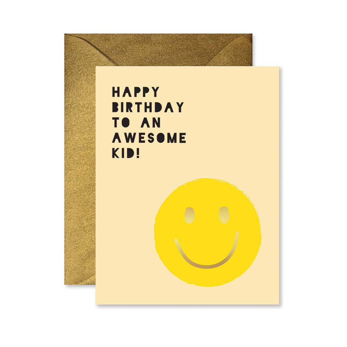 Birthday card with smiley face and text 'Happy Birthday to an awesome kid!' on a beige background.