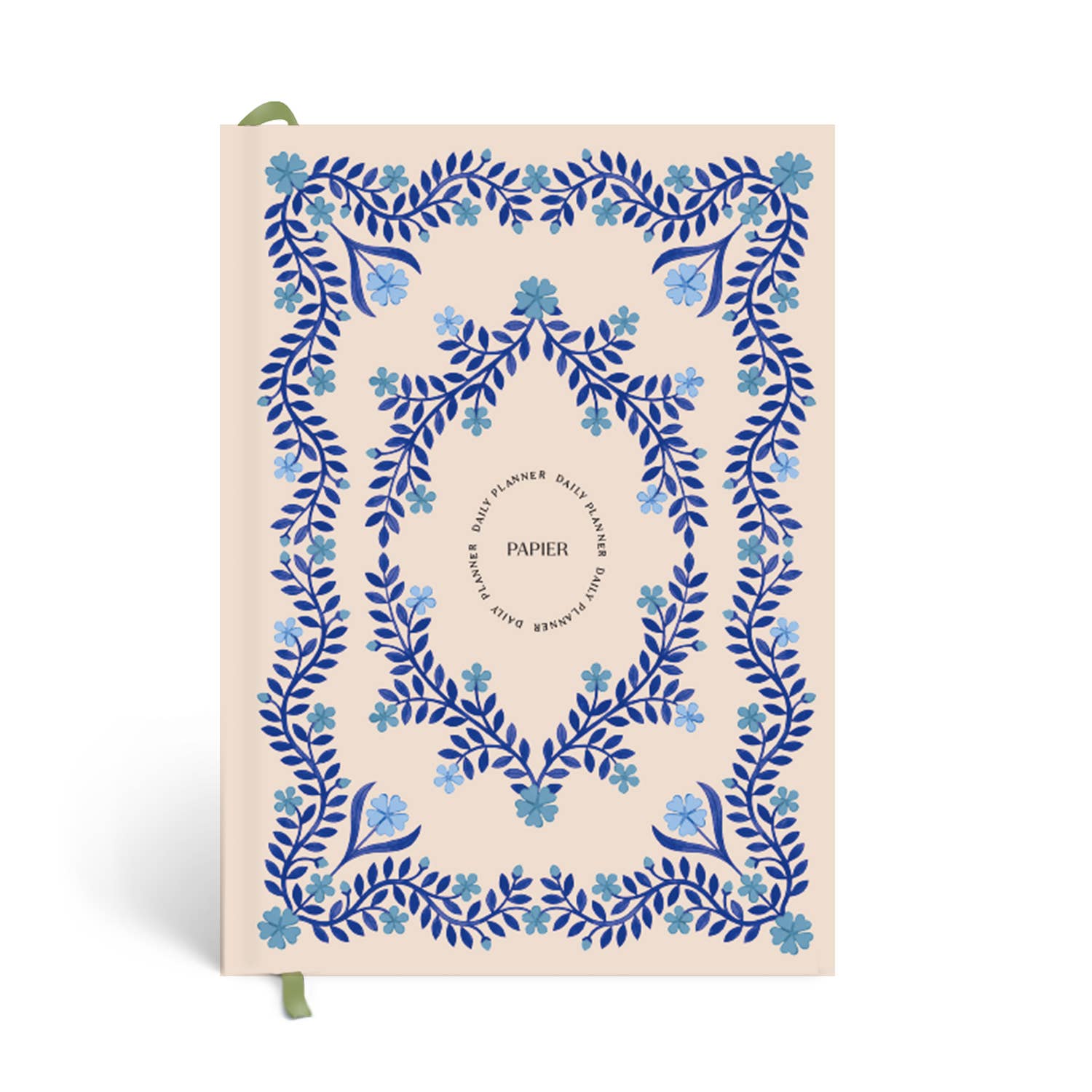 Notebook with blue floral design on a beige background