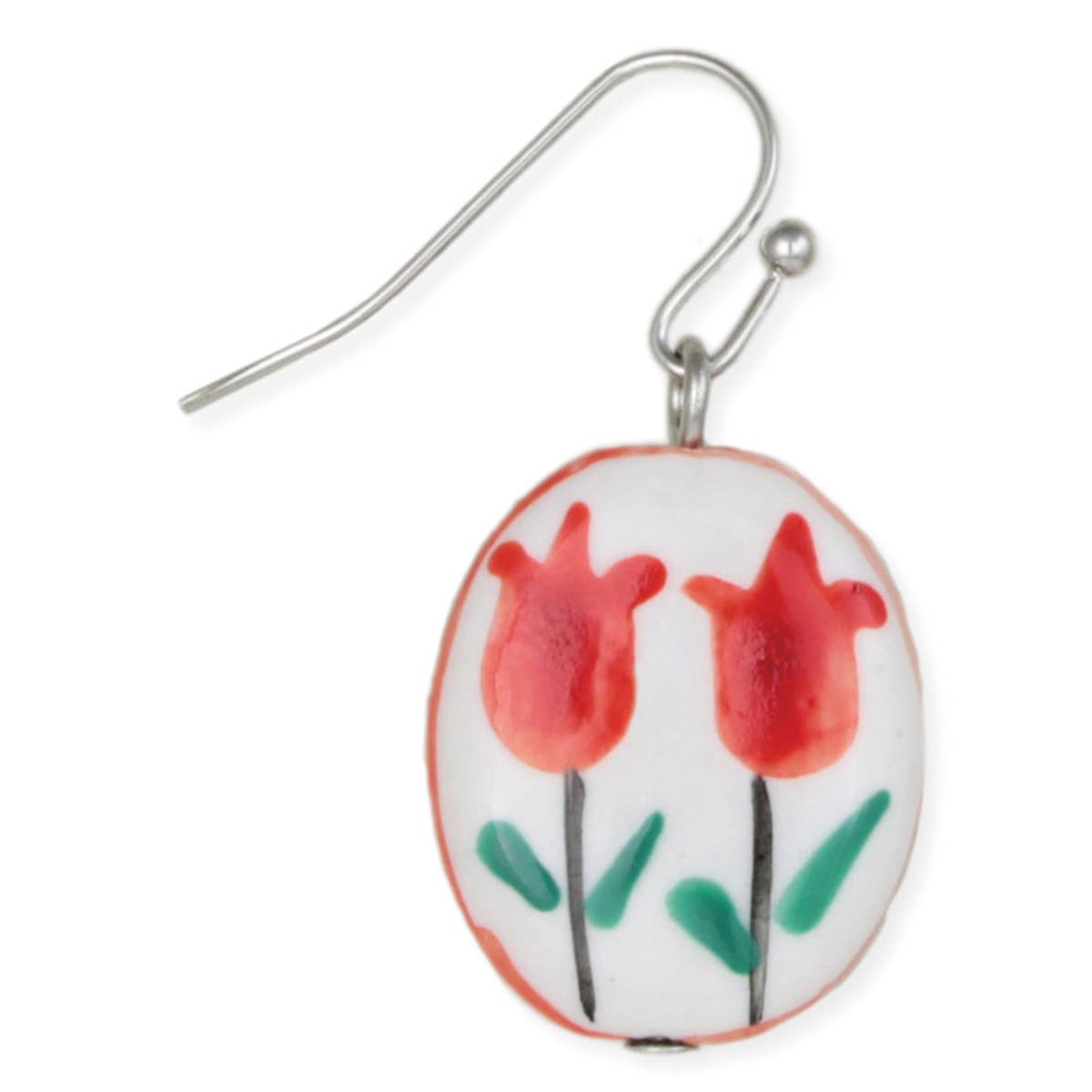 Earring with red tulip design on a white background