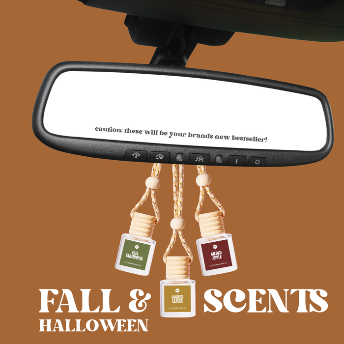 Car rearview mirror with hanging fall-themed car air fresheners on a brown background.