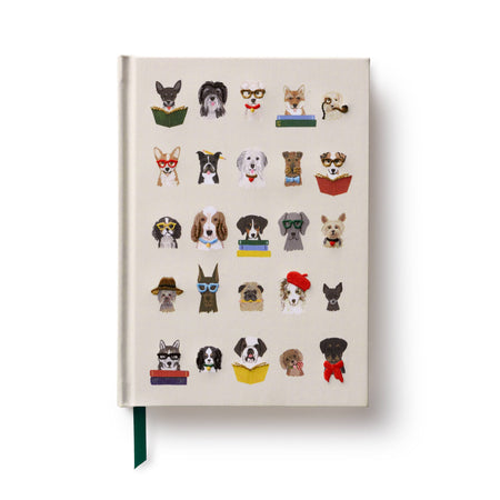 A cream-colored hardcover notebook featuring a grid of cute dog illustrations reading books, with a dark green ribbon bookmark hanging from the bottom, shown on a clean white background.