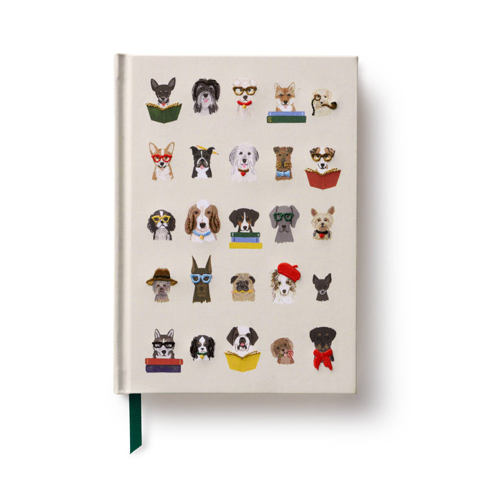 A cream-colored hardcover notebook featuring a grid of cute dog illustrations reading books, with a dark green ribbon bookmark hanging from the bottom, shown on a clean white background.