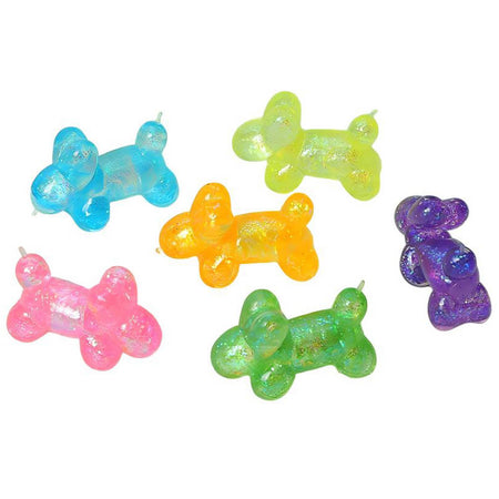 Colorful dog-shaped squish toys on a white background