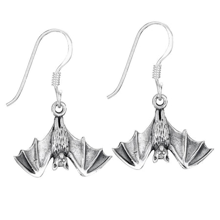 Silver bat earrings on a white background