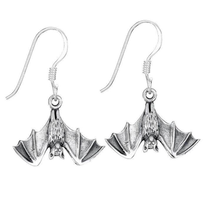 Silver bat earrings on a white background
