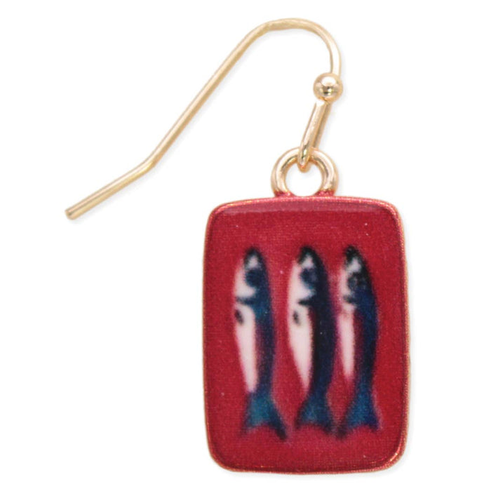 Tin of Sardines Fish Print Red Gold Earrings