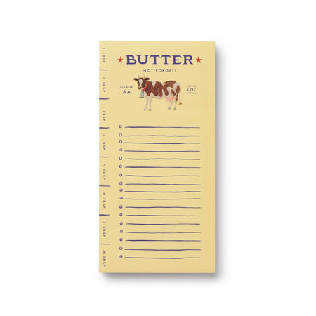 A cream-colored butter-themed notepad with a vintage-style cow illustration and the text 'BUTTER NOT FORGET!' at the top, shown on a plain white background.