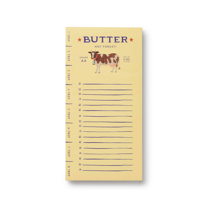 A cream-colored butter-themed notepad with a vintage-style cow illustration and the text 'BUTTER NOT FORGET!' at the top, shown on a plain white background.