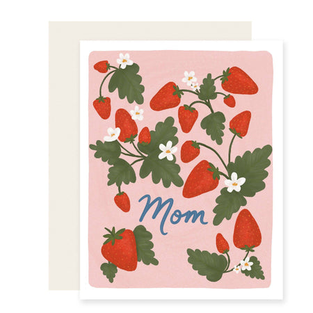 Greeting card with strawberry design and 'Mom' text on a pink background