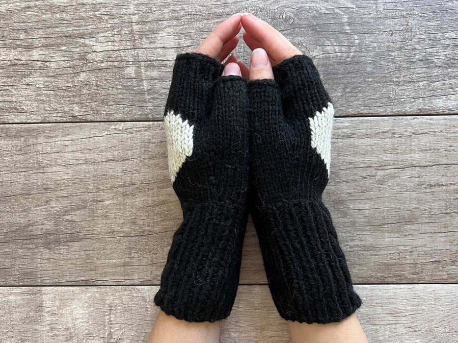 Alpaca Cable Black Heart Fingerless Gloves Fleece Lined