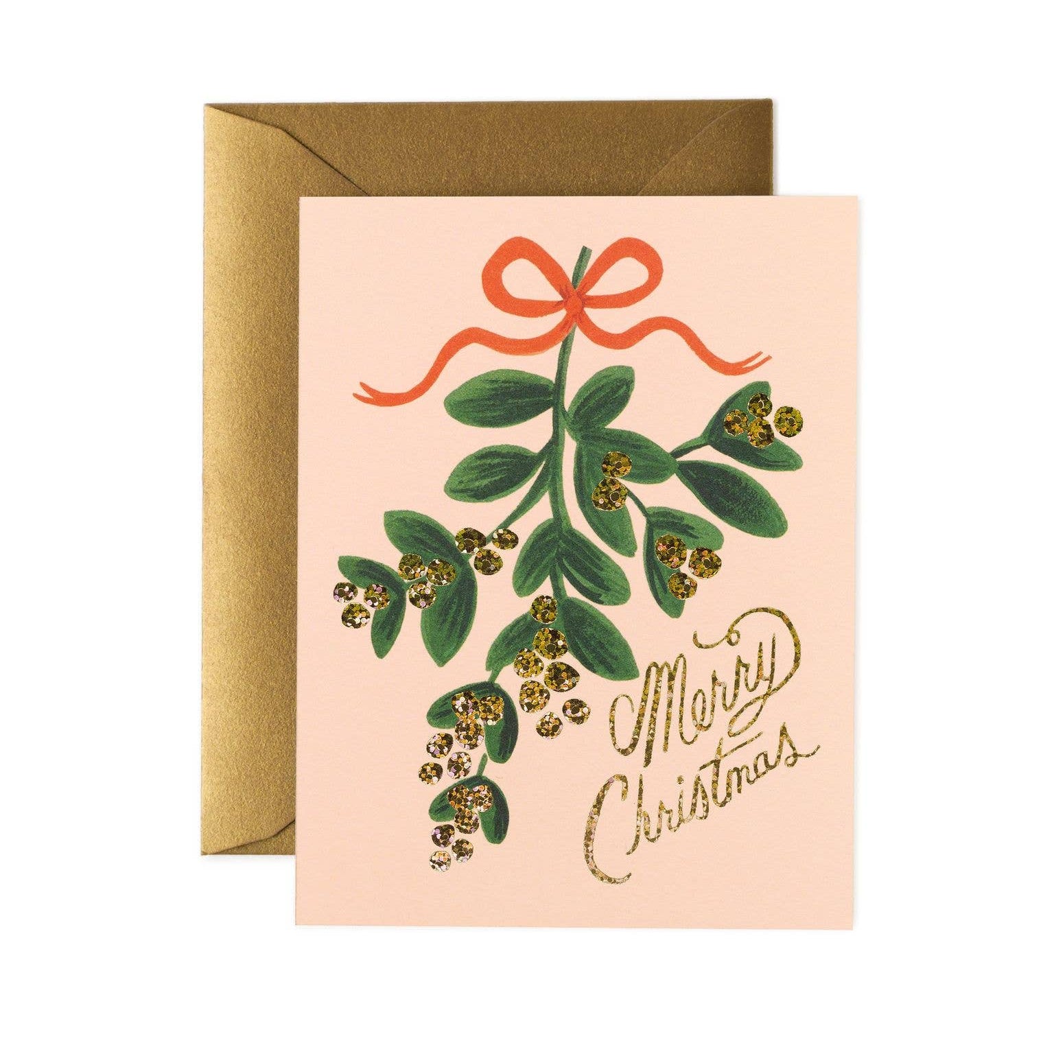 Greeting card with mistletoe design and 'Merry Christmas' text, featuring a gold envelope.