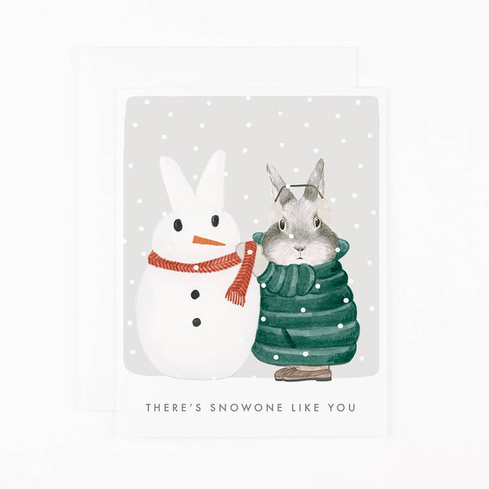 Illustration of a snowman and a rabbit with text 'THERE'S SNOWONE LIKE YOU' on a polka dot background