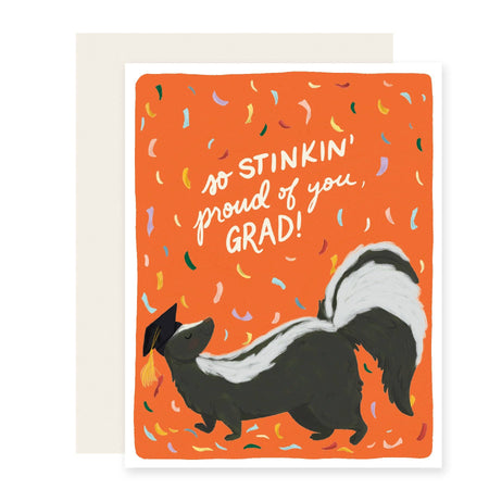 Greeting card with a skunk illustration and text on an orange background