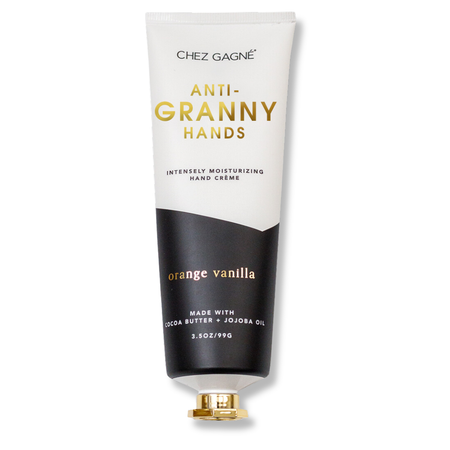 Hand cream tube labeled 'Anti-Granny Hands' by Chez Gagne on a white background