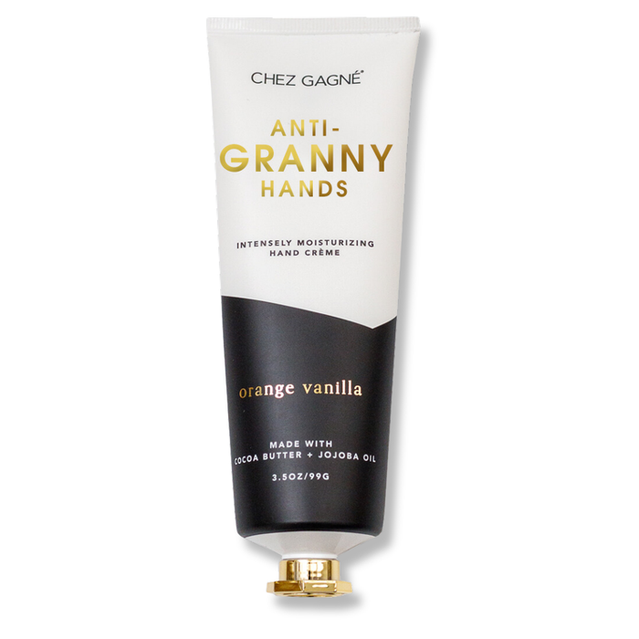 Hand cream tube labeled 'Anti-Granny Hands' by Chez Gagne on a white background