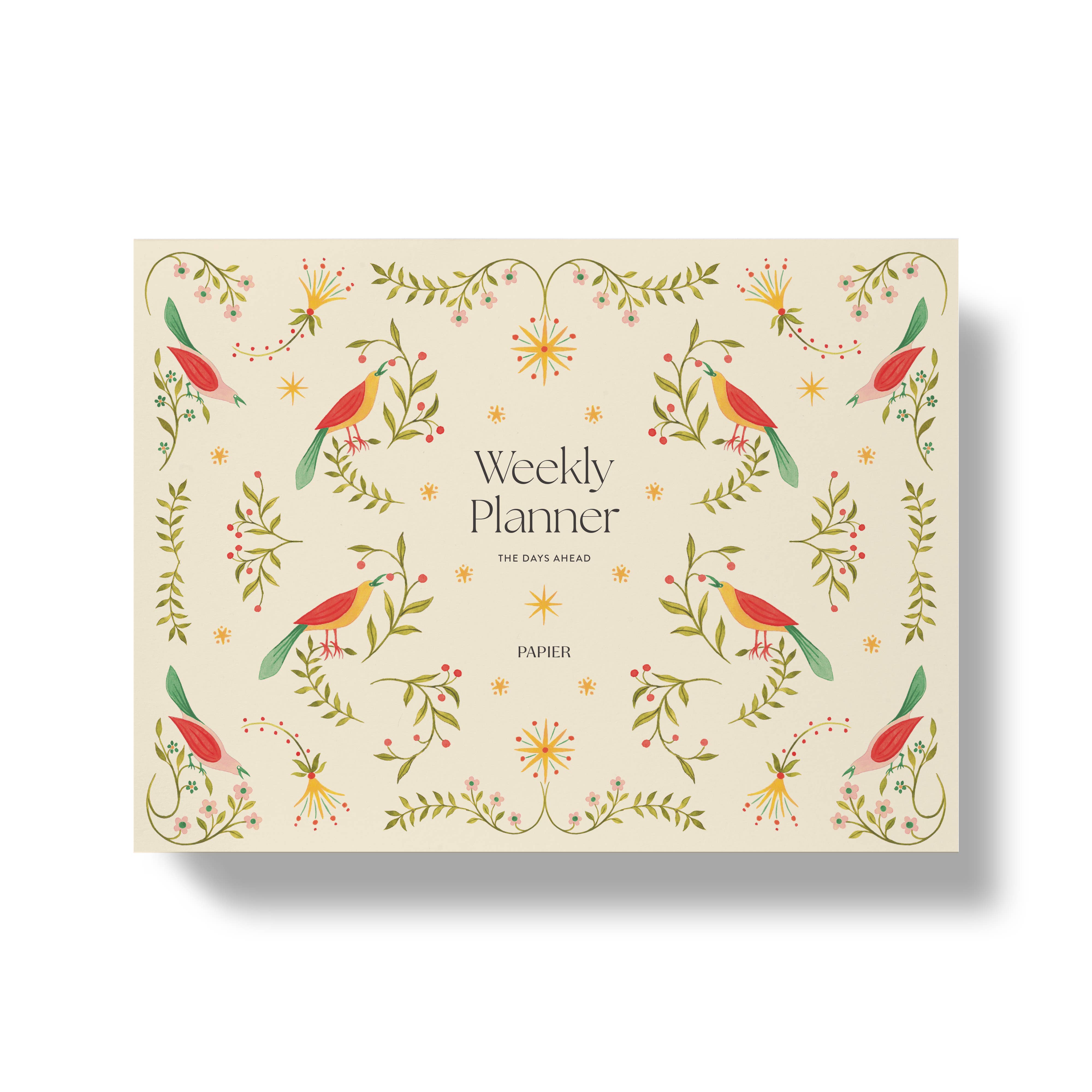 Weekly planner with bird and floral design on a beige background