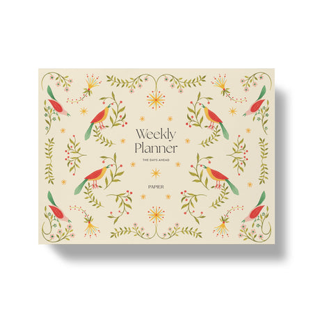 Weekly planner with bird and floral design on a beige background