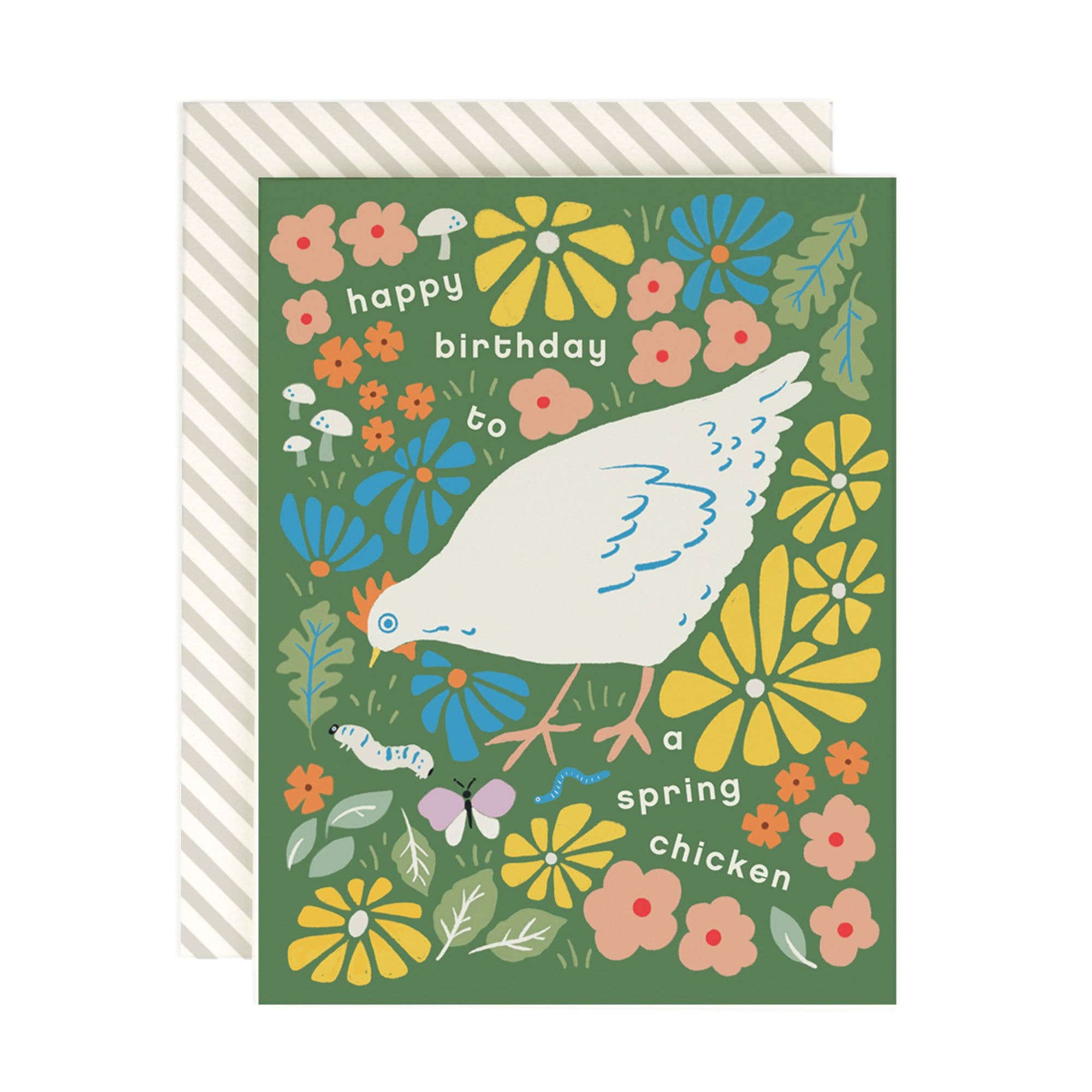 Birthday card with a chicken and floral design on a green background