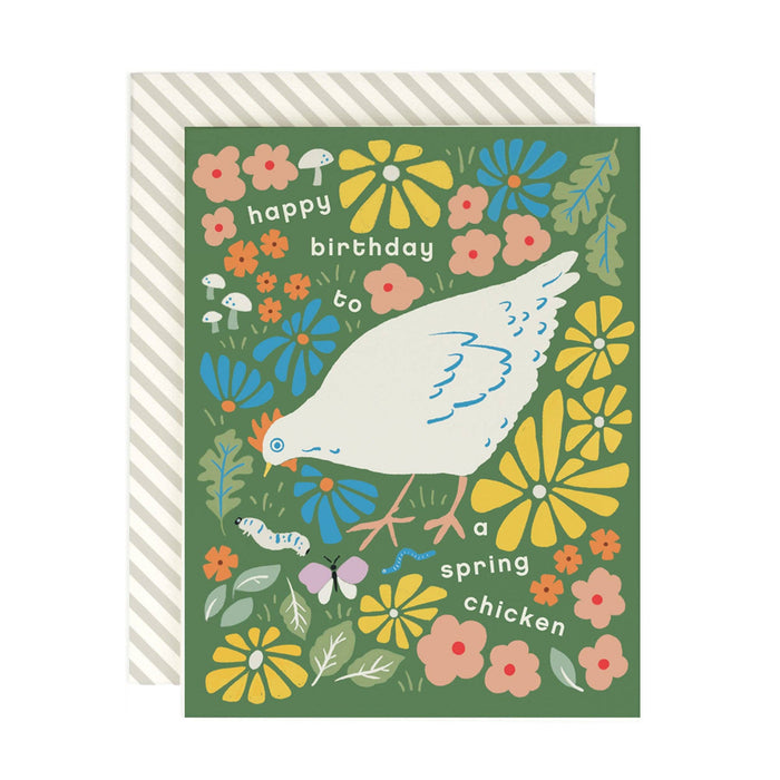 Birthday card with a chicken and floral design on a green background