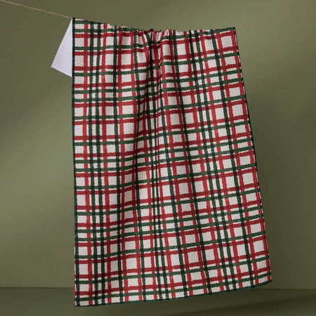 Plaid towel hanging on a line against a green background