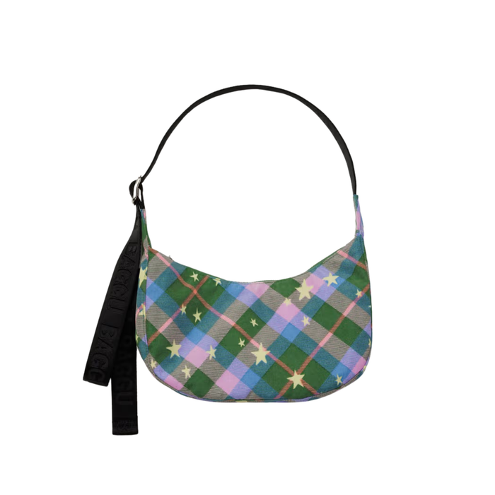 Small Nylon Crescent Bag - Green Star Plaid