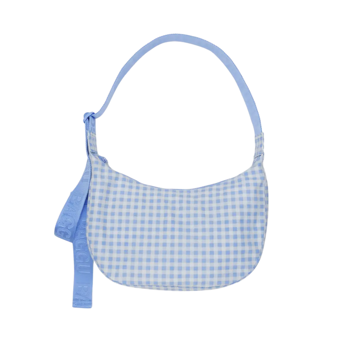 Medium Nylon Crescent Bag - Light Blue Gingham