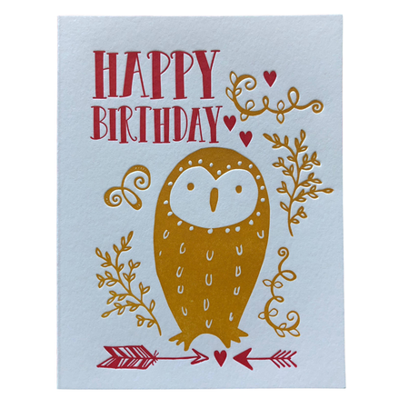 birthday card with a gold owl illustration on a white background