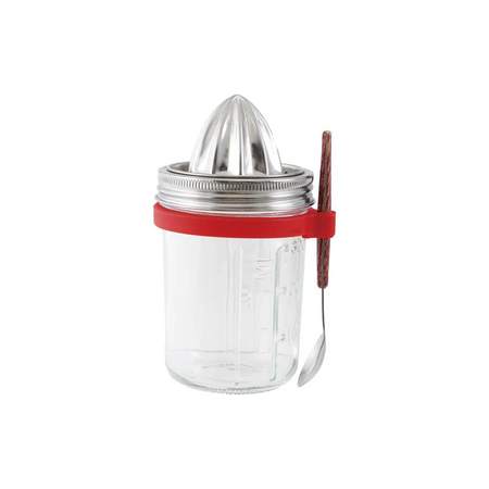 Clear mason jar with metal citrus press and red band on a white background