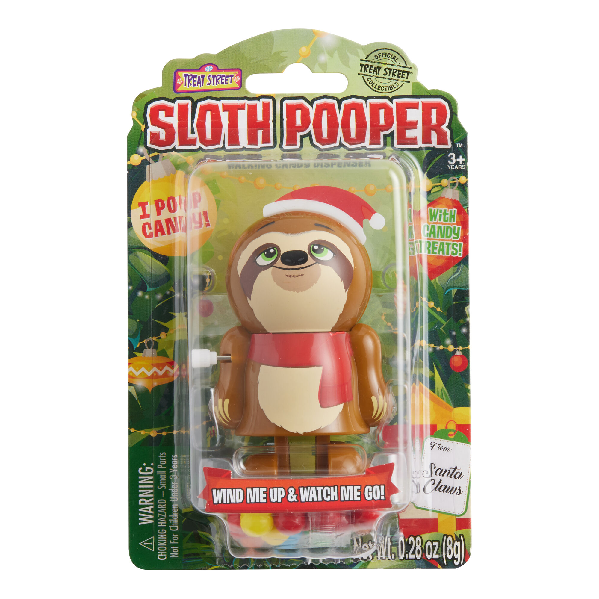 Sloth Pooper toy in packaging with Christmas-themed design