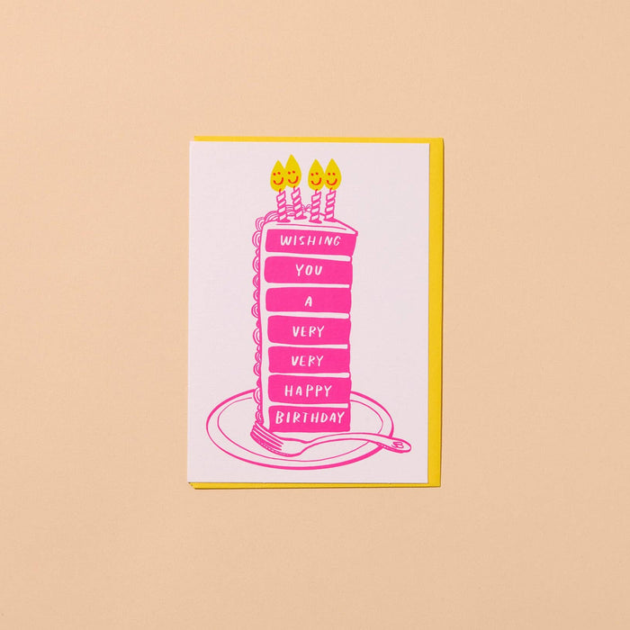 Birthday card with pink cake illustration and candles on a beige background