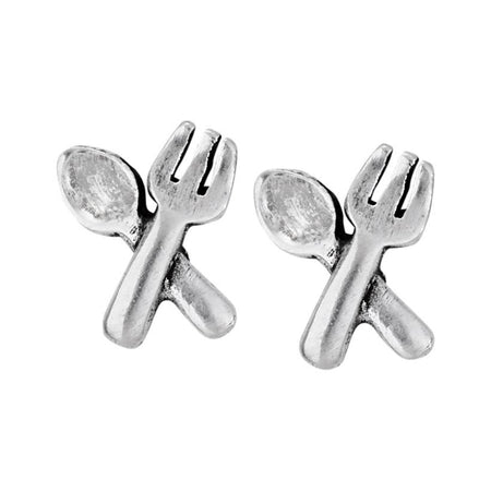 Silver spoon and fork earrings on a white background