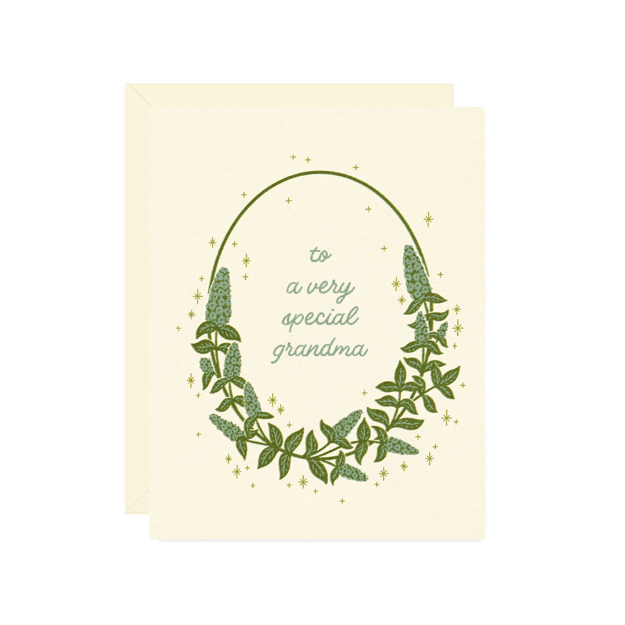 Greeting card with green leaf design and text 'to a very special grandma' on a beige background