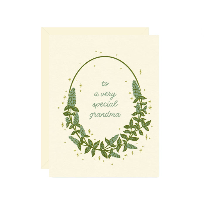 Greeting card with green leaf design and text 'to a very special grandma' on a beige background