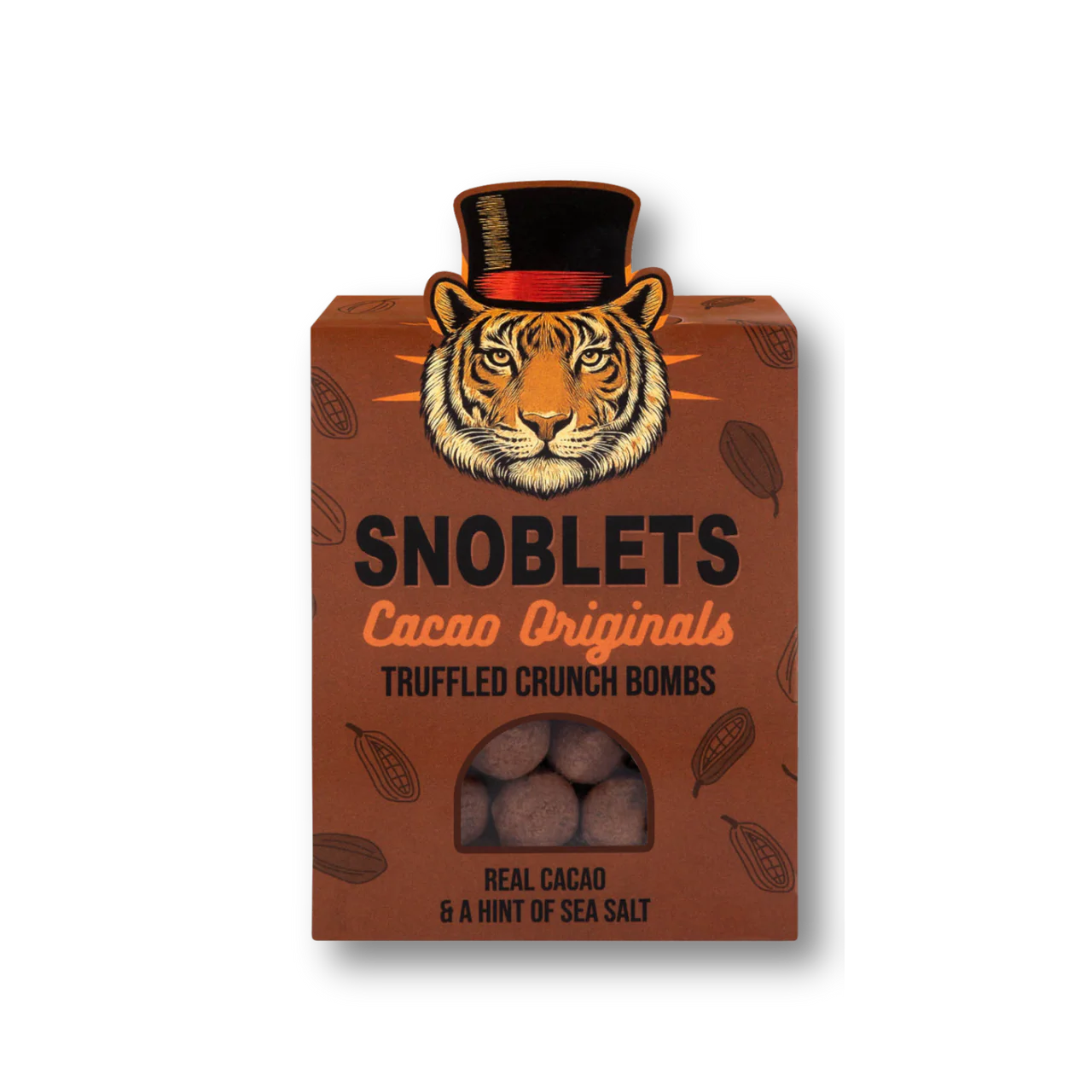 Box of Snoblets Cacao Originals truffled crunch bombs with a tiger design on the packaging.