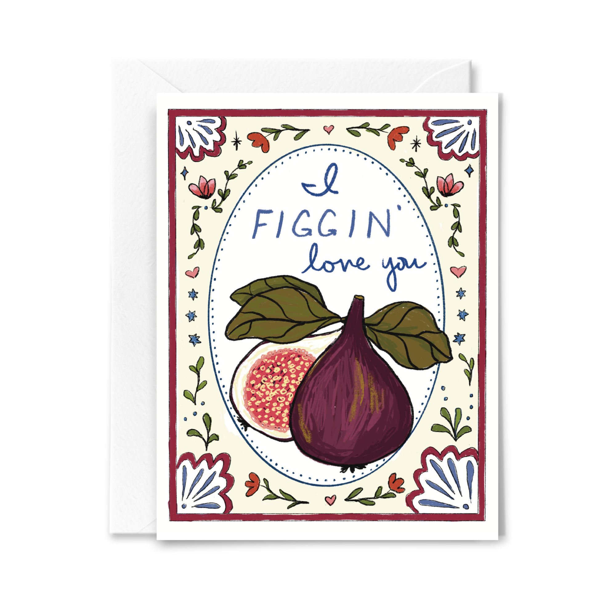 Greeting card with fig illustration and text 'I Figgin' love you' on a decorative background