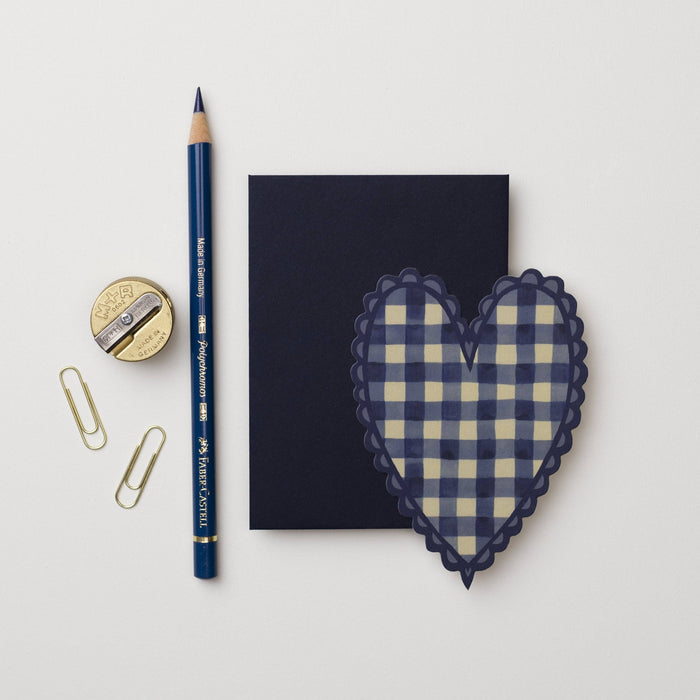 Blue and white checkered heart-shaped card