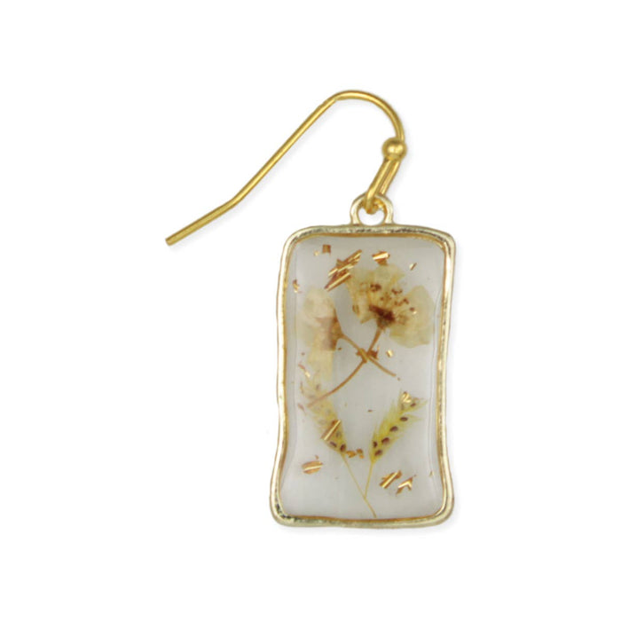 White Dried Flower Gold Rectangle Earrings