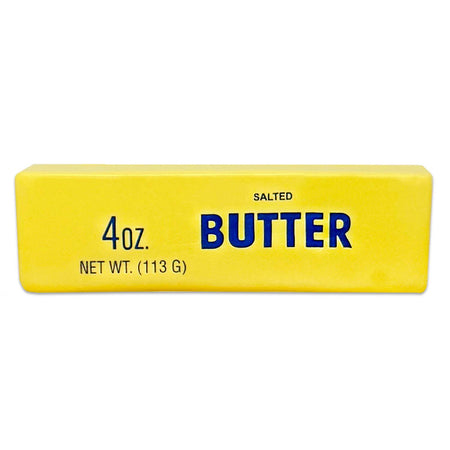 Yellow bar of butter squishy with blue text on a white background