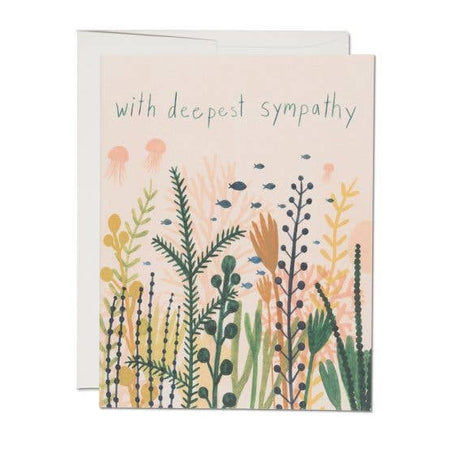 Greeting card with floral design and 'with deepest sympathy' text on a white background